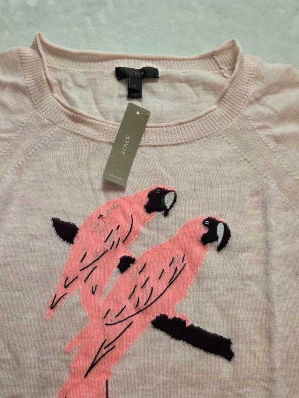 New L XL J.Crew Parrot intarsia merino wool crewneck sweater in pink parrots - Picture 3 of 9